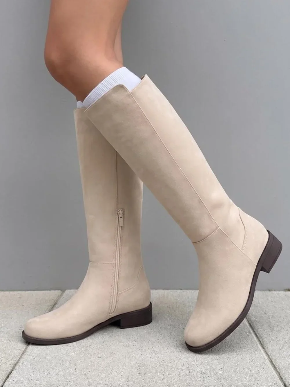 Women's Beige Suede Chunky Block Low Heel Round Toe Side Zipper Knee High Boots